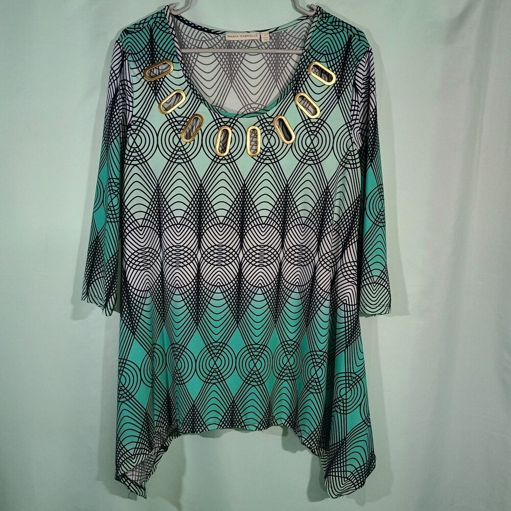 Women's Teal Black Geometric Tunic Top Gold Neck Detail 3/4 Sleeve Blouse